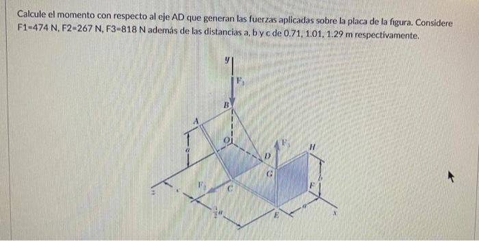 Calcule el momento con respecto al eje \( \mathrm{AD} \) que generan las fuerzas aplicadas sobre la placa de la figura. Consi