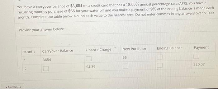 Solved You have a carryover balance of $3,654 on a credit | Chegg.com