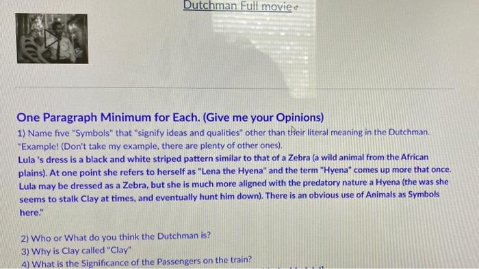 Solved Dutchman Full movie One Paragraph Minimum for Each. | Chegg.com