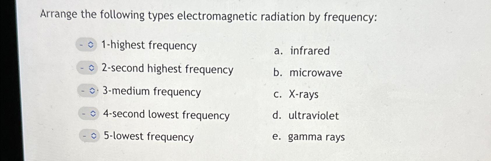 Solved Arrange The Following Types Electromagnetic Radiation | Chegg.com