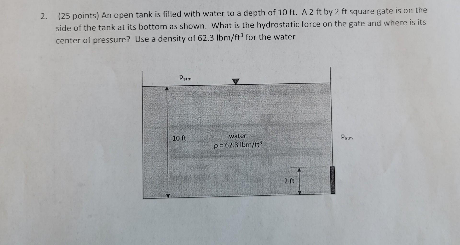 Solved 2. (25 points) An open tank is filled with water to a | Chegg.com