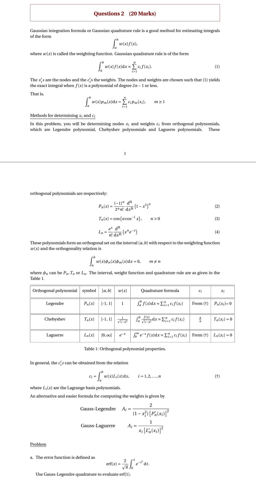 Questions 2 (20 Marks) Gaussian integration formula | Chegg.com