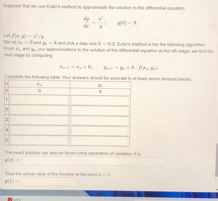 Solved Suppose That We Use Euler's Method To Approximate The | Chegg.com