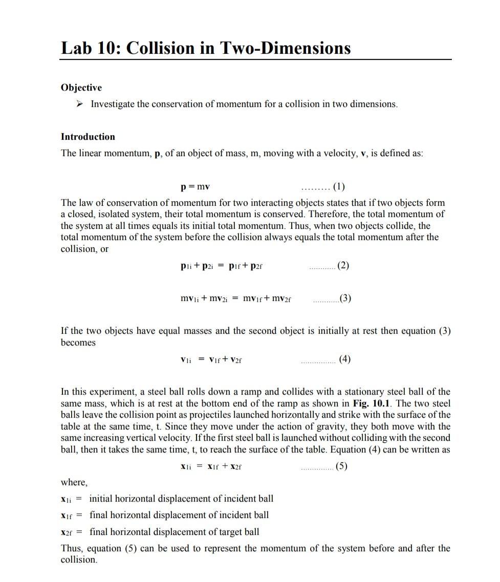 Lab 10: Collision In Two-Dimensions Objective | Chegg.com