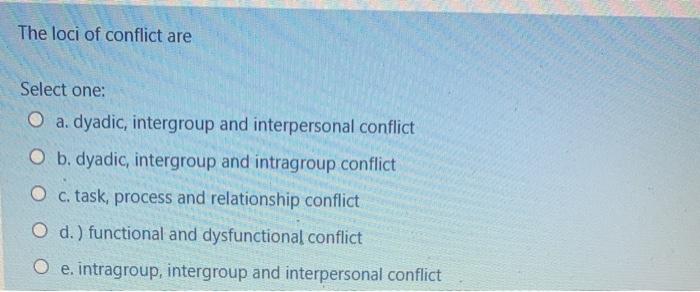 Solved The loci of conflict are Select one: O a. dyadic, | Chegg.com