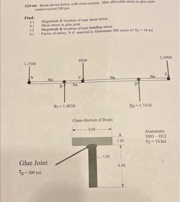 Given: Beam shown below with cross-section. Max allowable stress in glue joint cannot exceed \( 300 \mathrm{psi} \).
Find:
a.