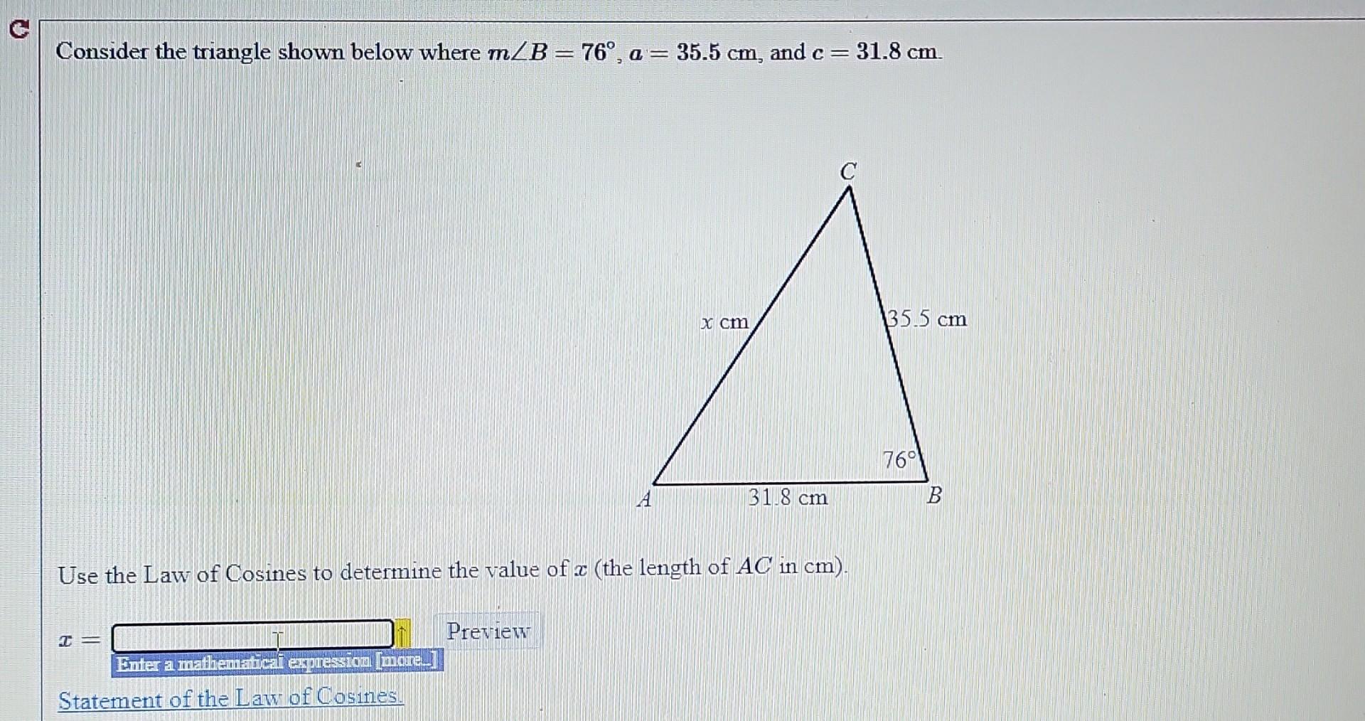 Solved Consider the triangle shown below where m/B = 76°, a | Chegg.com