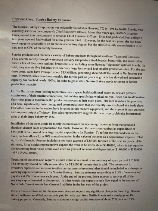 Solved Capstone Case: Sunrise Bakery Expansion The Sunrise | Chegg.com