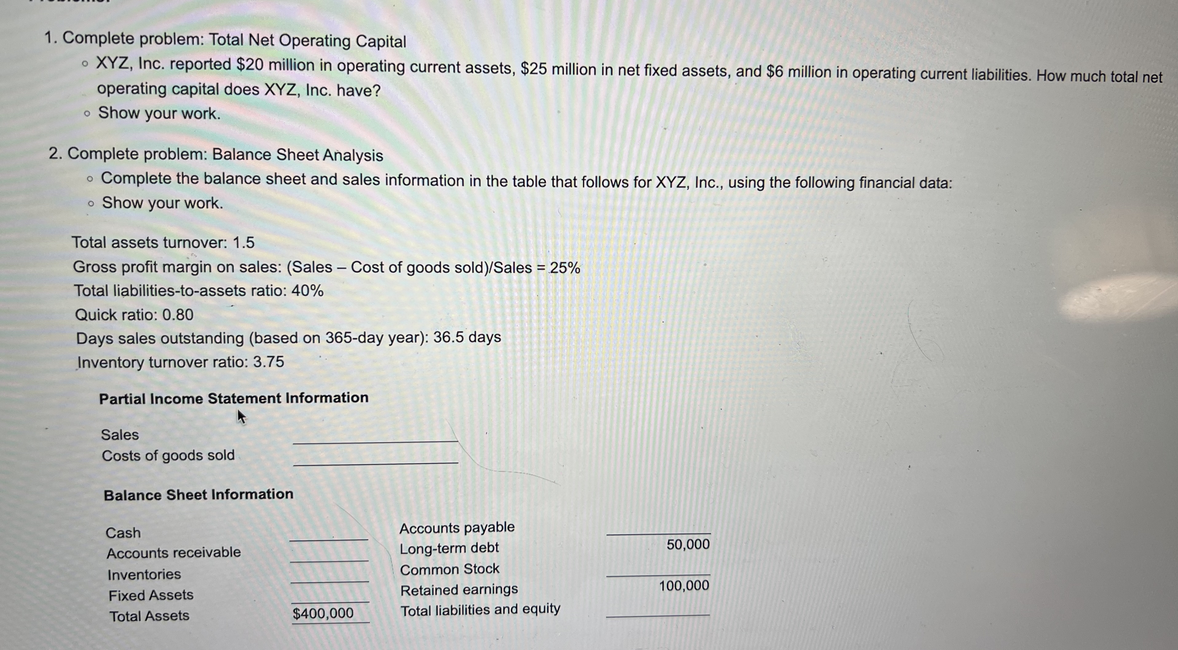 Solved Complete problem: Total Net Operating CapitalXYZ , | Chegg.com