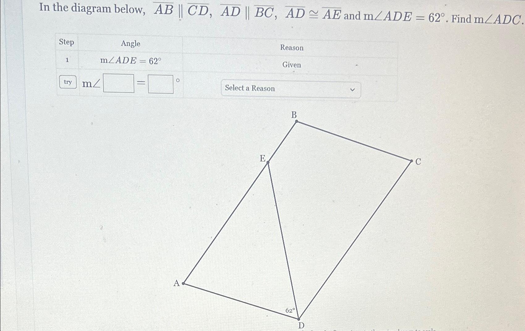 Solved In The Diagram Below, |)/(b|)/(b ﻿and M?ADE=62°. | Chegg.com