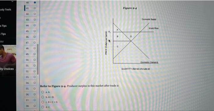 Figure 9-4
Refer to Figure 9-4. Producer surplus in this market after trade is
a. A.
b. \( A+B \).
\( \mathrm{CB}+\mathrm{C}+