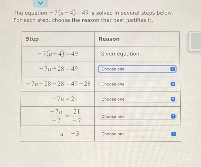 Solved The equation - 7(u-4)= 49 is solved in several steps | Chegg.com