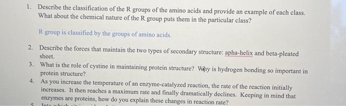 Solved 1. Describe the classification of the R groups of the | Chegg.com