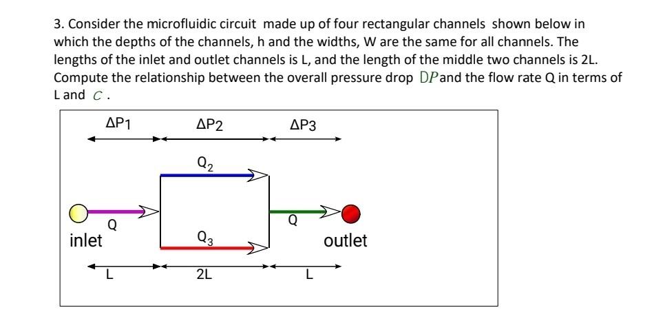 3. Consider the microfluidic circuit made up of four rectangular channels shown below in which the depths of the channels, \(