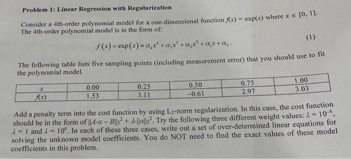Problem 1: Linear Regression with Regularization | Chegg.com