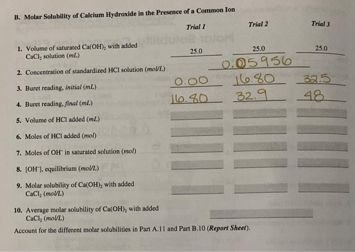 Solved B Molar Solubility Of Calcium Hydroxide In The