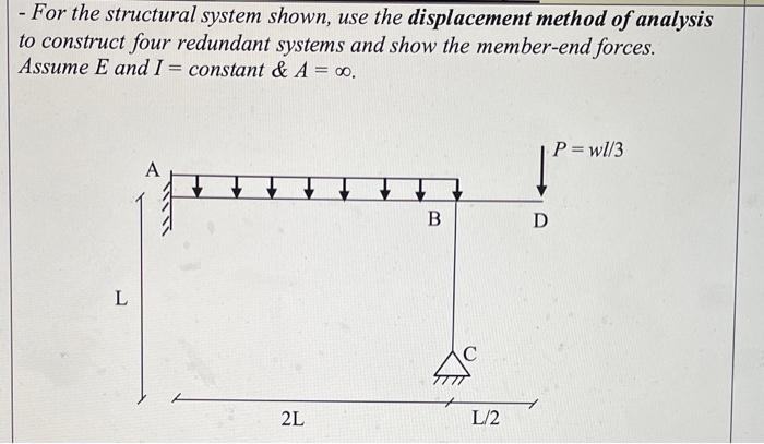 - For the structural system shown, use the displacement method of analysis to construct four redundant systems and show the m