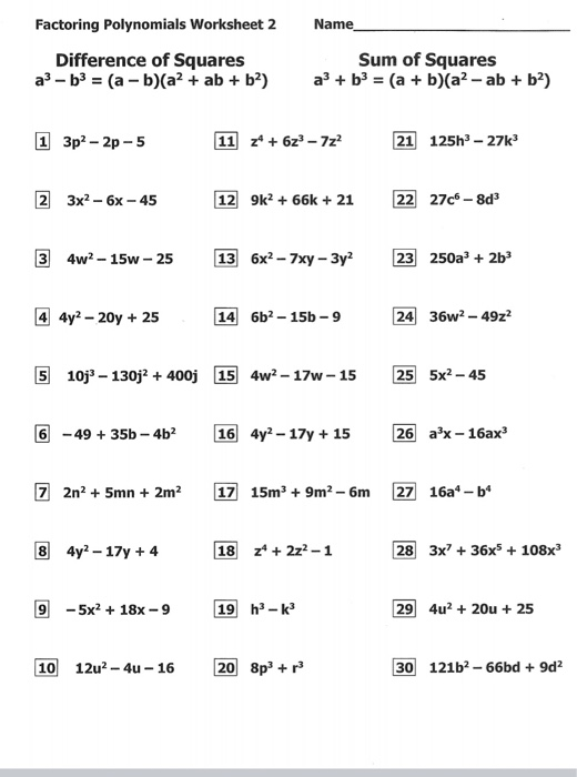 Solved Factoring Polynomials Worksheet 2 Name Difference of | Chegg.com