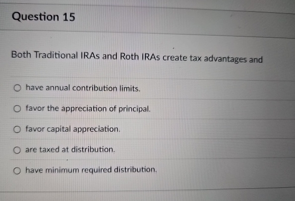 Solved Question 15Both Traditional IRAs and Roth IRAs create | Chegg.com