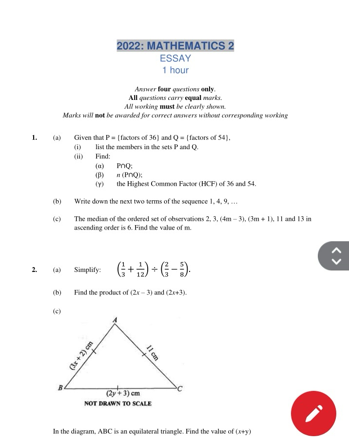 Solved 2022: MATHEMATICS 2ESSAY1 ﻿hourAnswer four questions | Chegg.com