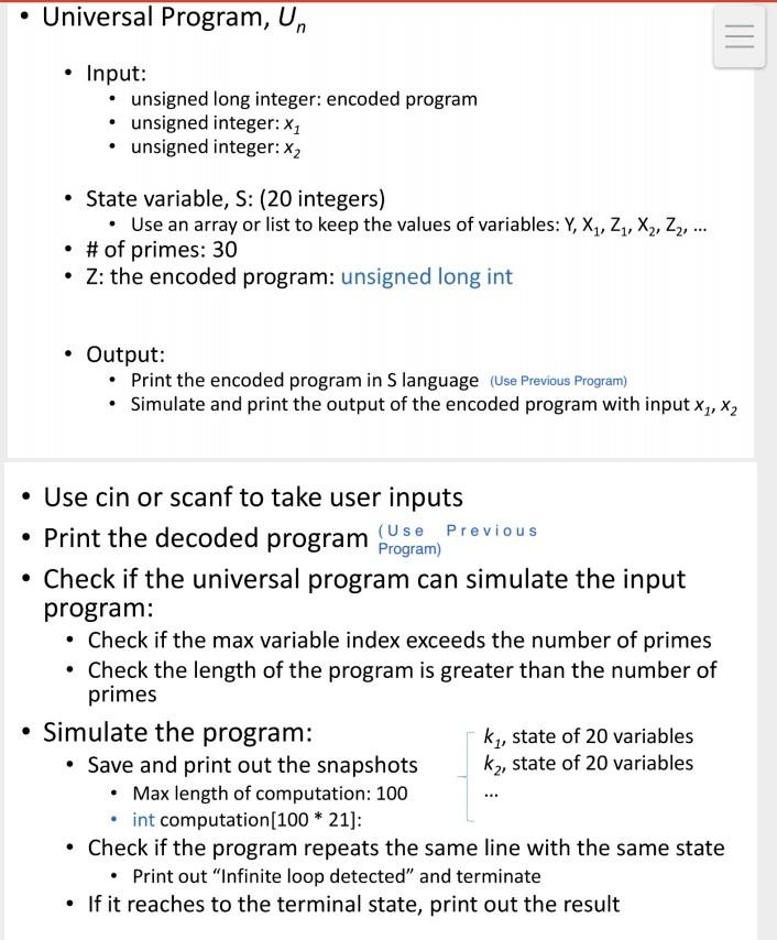 Universal Program, U, III • Input: • unsigned long | Chegg.com