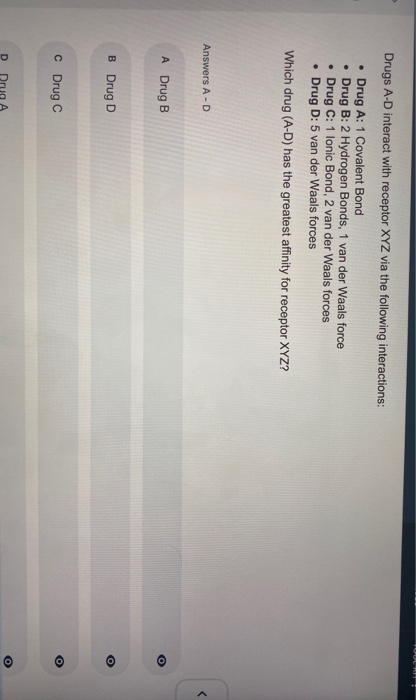 Solved Drugs A-D interact with receptor XYZ via the | Chegg.com