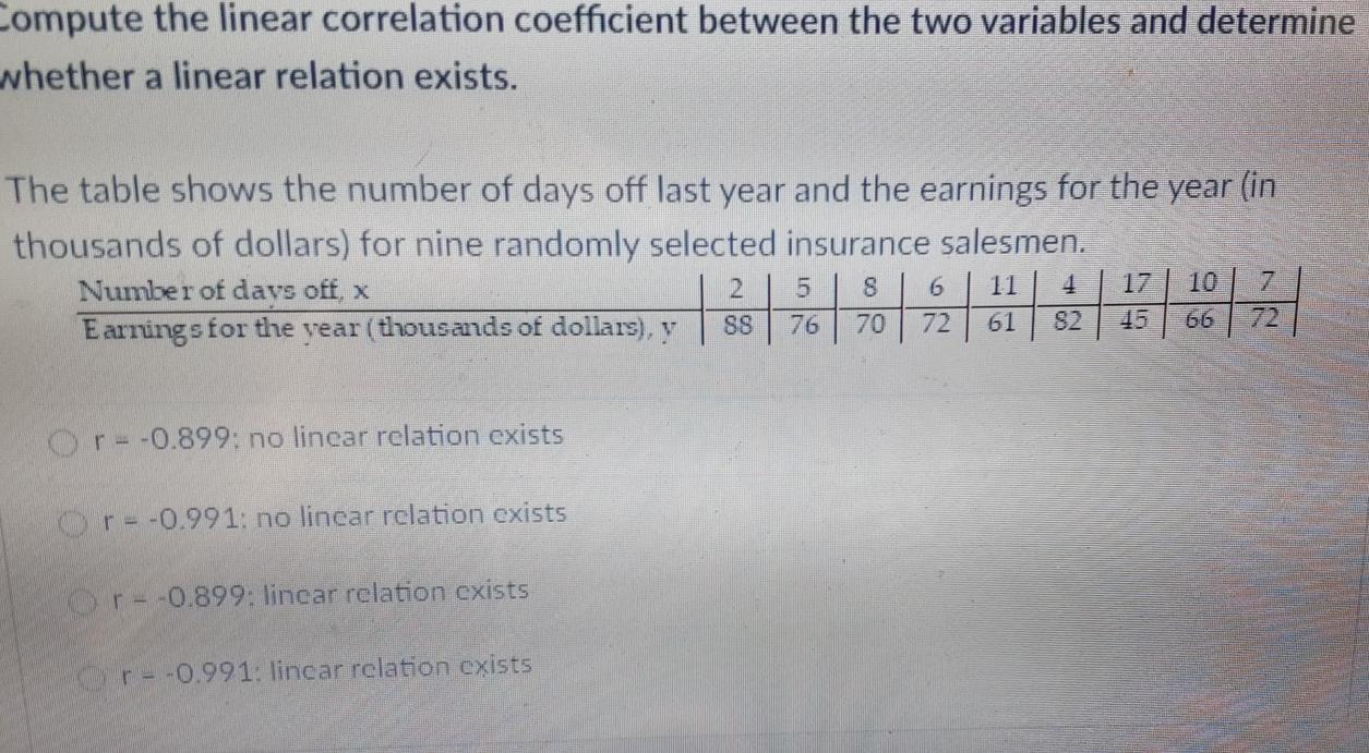 Solved Compute the linear correlation coefficient between | Chegg.com