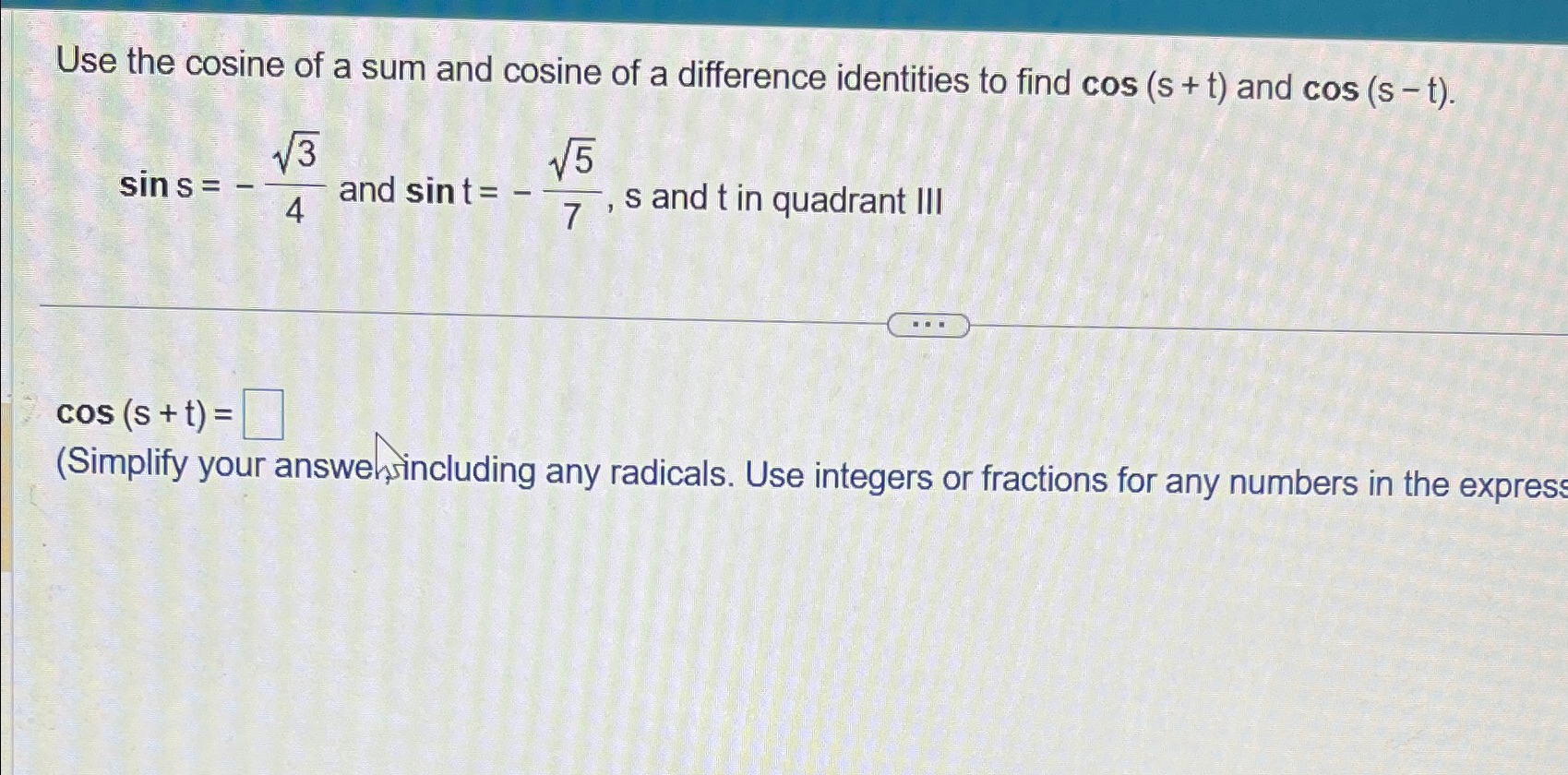 Solved Use the cosine of a sum and cosine of a difference | Chegg.com