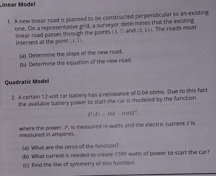 Solved Linear Model 1. A new linear road is planned to be | Chegg.com