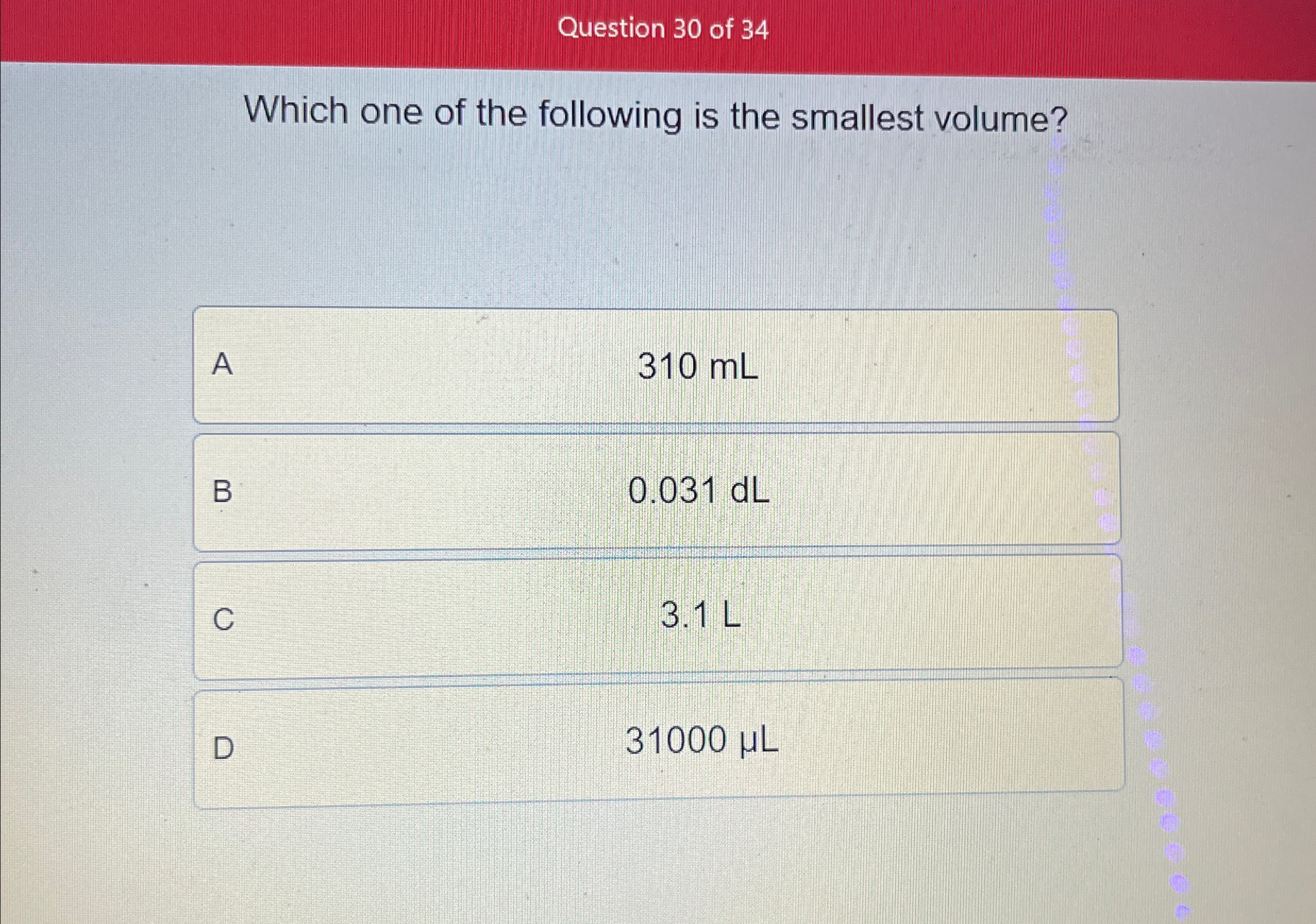 Solved Question 30 ﻿of 34Which one of the following is the | Chegg.com