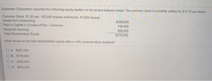 Solved Superstar Corporation reported the following equity | Chegg.com