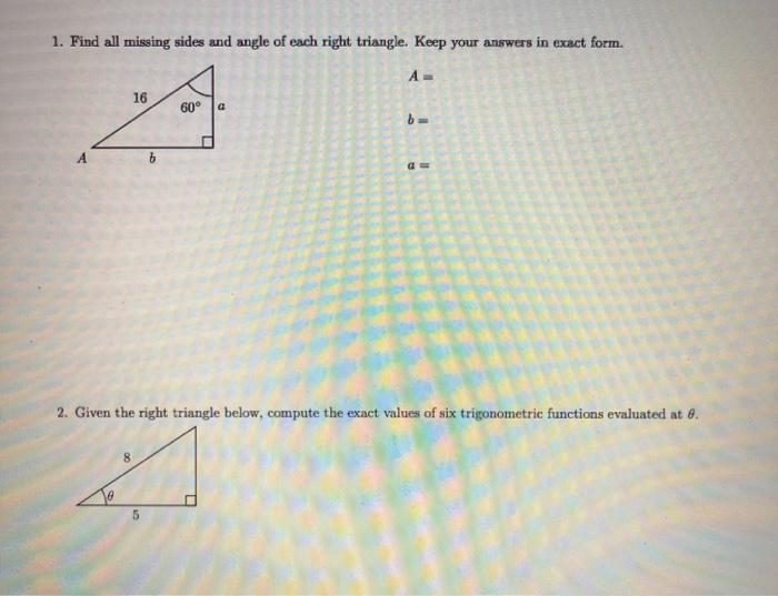 Solved 1. Find all missing sides and angle of each right | Chegg.com