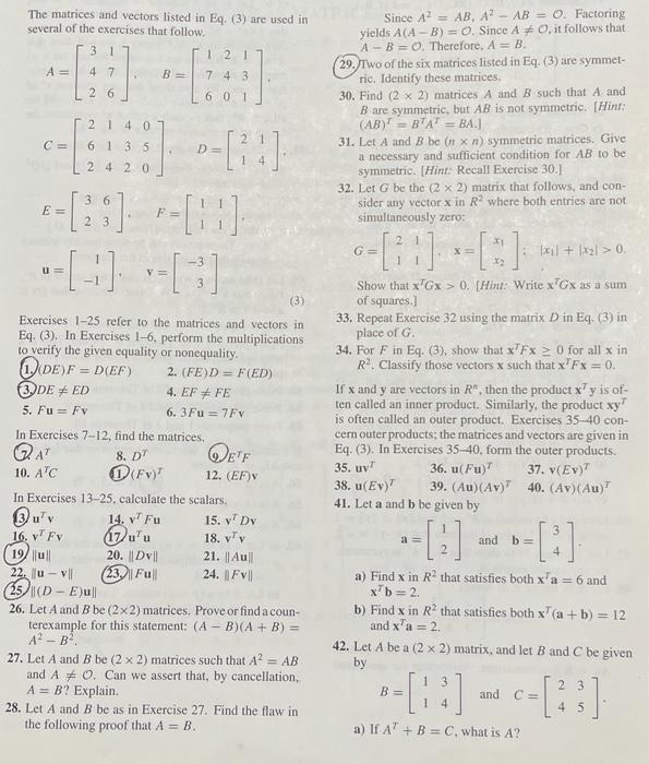 Solved The matrices and vectors listed in Eq. (3) are used | Chegg.com