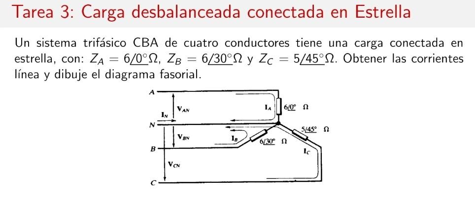 Tarea 3: Carga desbalanceada conectada en Estrella Un sistema trifásico CBA de cuatro conductores tiene una carga conectada e