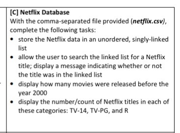 [C] Netflix Database With the comma-separated file | Chegg.com