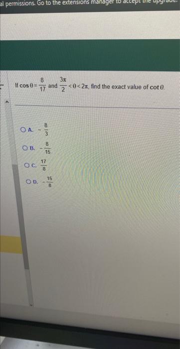 Solved If cosθ=178 and 23π