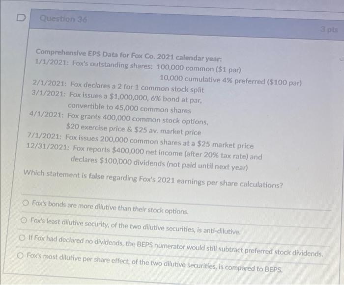 Solved D Question 35 3 Comprehensive EPS Data for Fox Co. | Chegg.com