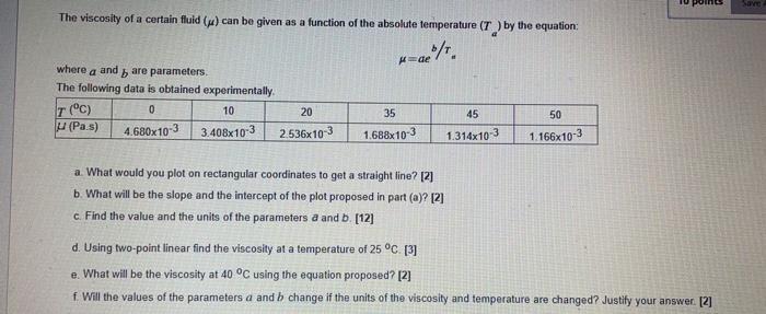 Solved Poins Save The viscosity of a certain fluid (w) can | Chegg.com