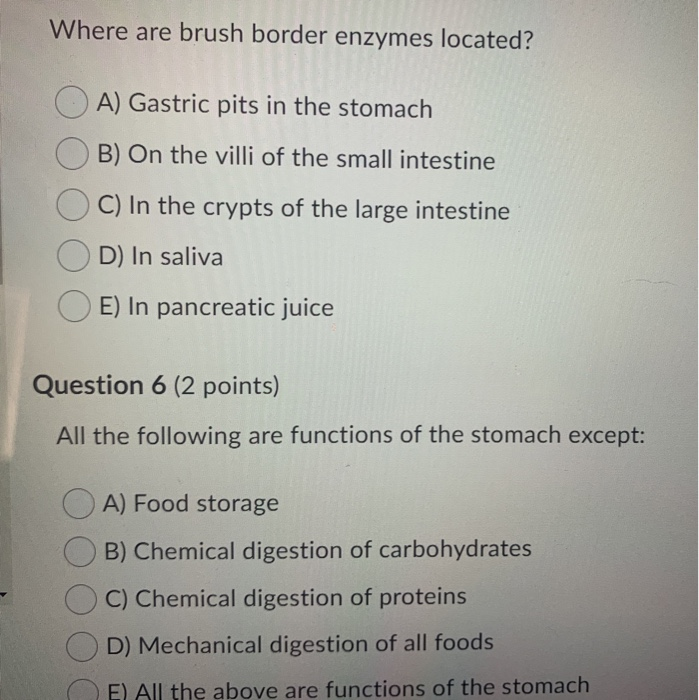 Solved Where are brush border enzymes located? OA) Gastric