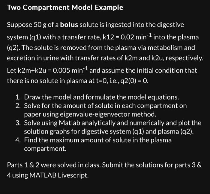 Solved Two Compartment Model Example Suppose 50 g of a bolus | Chegg.com