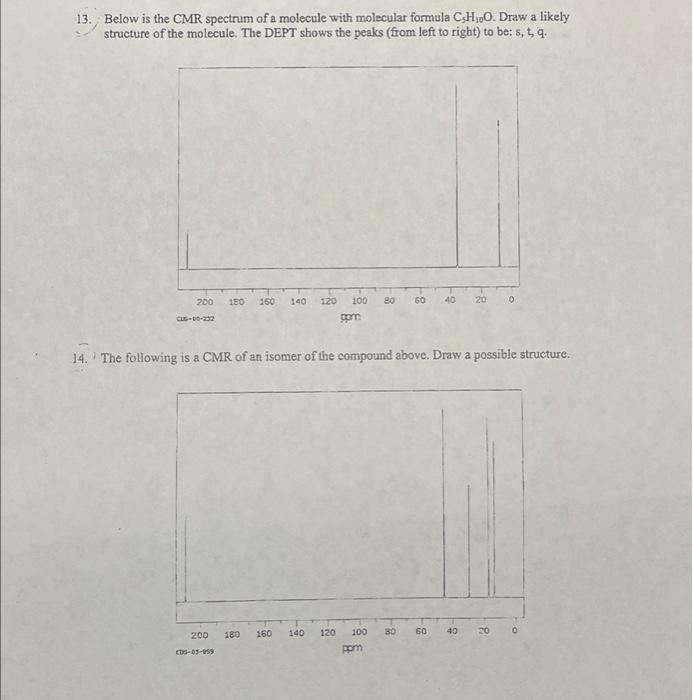 13. Below is the CMR spectrum of a molecule with molecular formula \( \mathrm{C}_{5} \mathrm{H}_{10} \mathrm{O} \). Draw a li