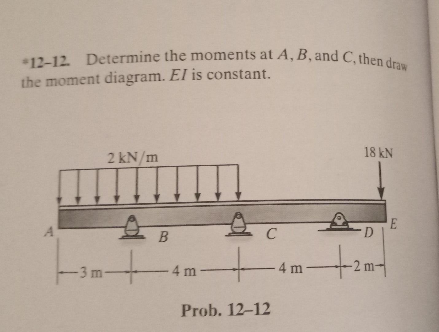 Solved -12-12 Determine The Moments At A, B, And C, Then | Chegg.com