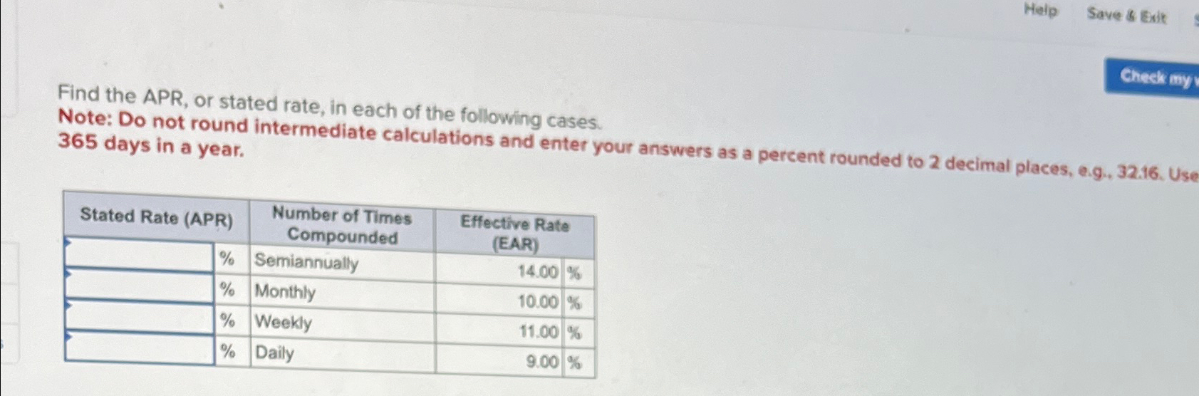 Solved HeipSave of ExitFind the APR, or stated rate, in each | Chegg.com
