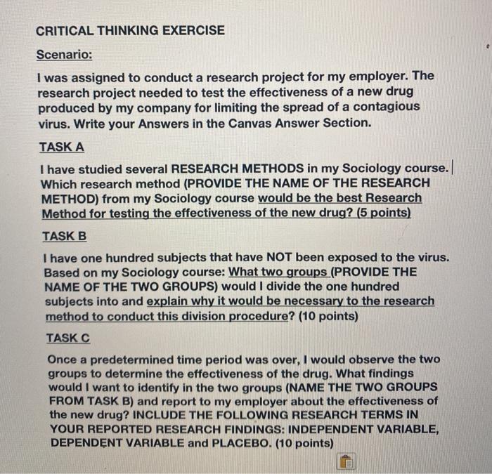 Solved CRITICAL THINKING EXERCISE Scenario: I was assigned | Chegg.com