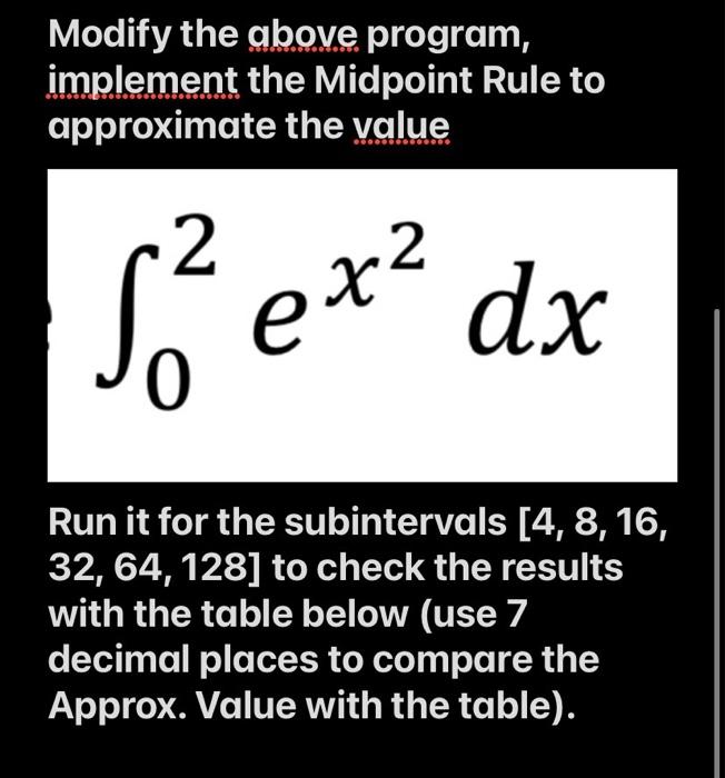 Solved Modify the above program, implement the MIDPOINT RULE | Chegg.com