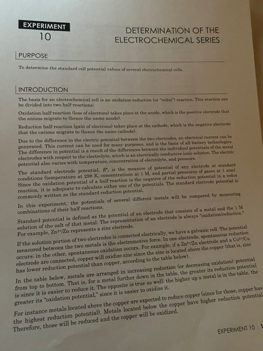 Experiment 10 Determination Of The Electrochemical Chegg 