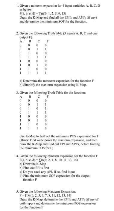 1. Given A Minterm Expansion For 4 Input Variables A, | Chegg.com