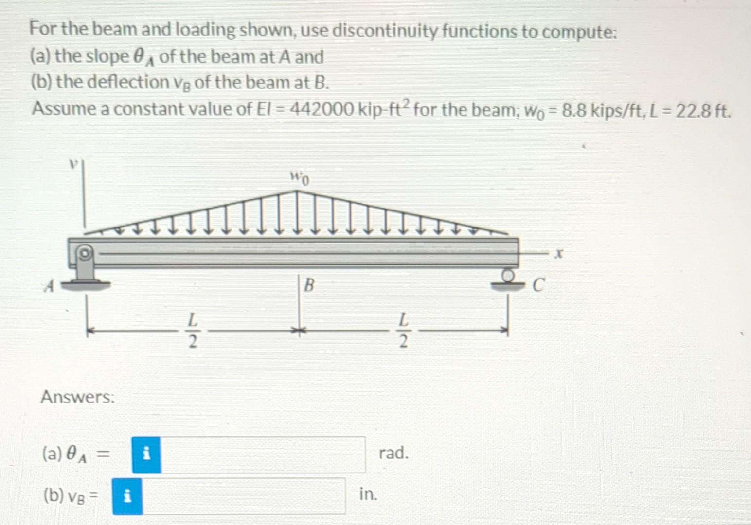 Solved) - For the beam and loading shown, use discontinuity functions to  (2 Answers)