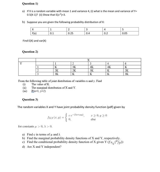 Solved Question 1) a) If X is a random variable with mean 1 | Chegg.com