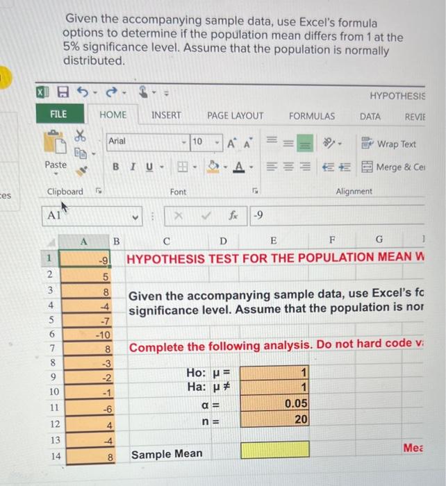 Given the accompanying sample data, use Excel's | Chegg.com